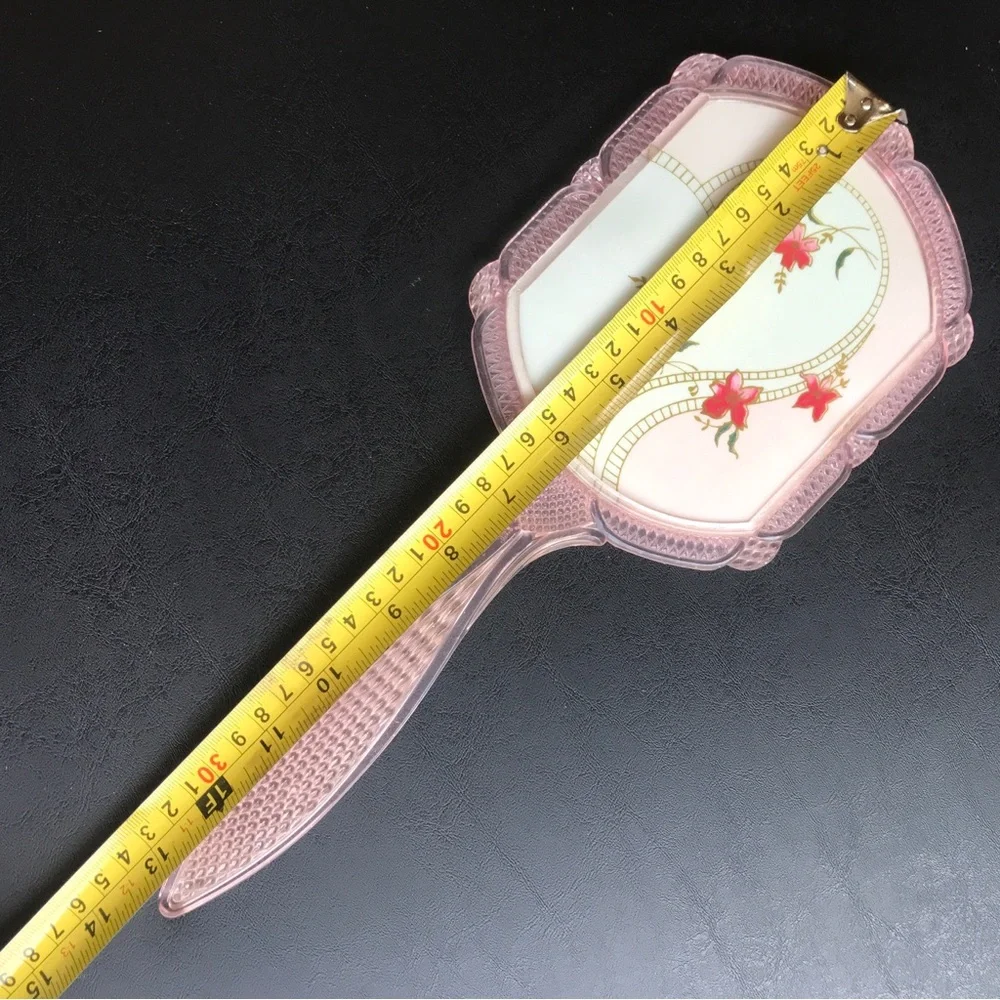 Vintage Celluloid Floral Mirror Vanity Handled Dainty Pretty Flower Mirror Pink